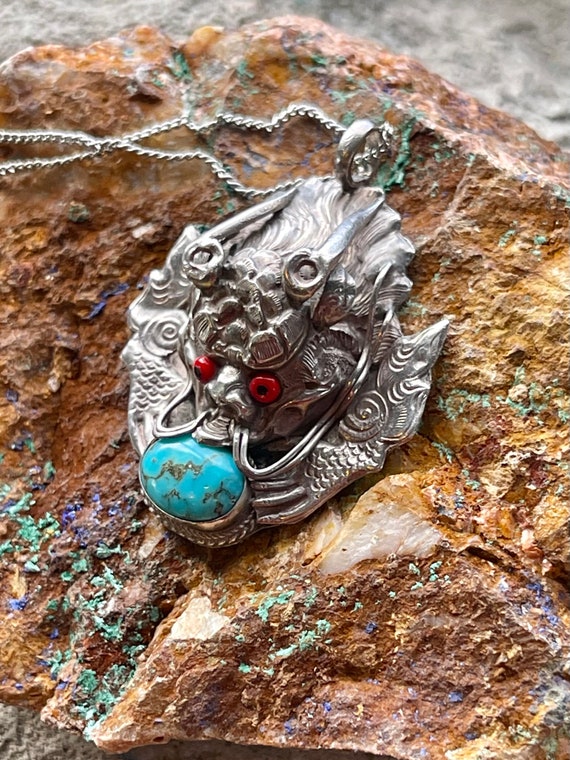 Sterling Silver Blue Turquoise Asian Dragon Vinta… - image 8