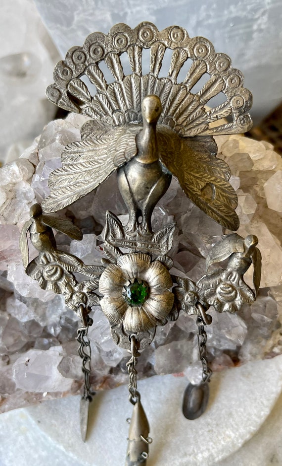 Beautiful Silver Peacock Bird Floral Antique Sash… - image 1