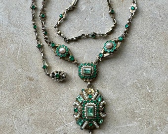 Austro  Hungarian Sterling Silver Natural Emerald Seed pearls Green Chrome diopside Gems Antique Necklace