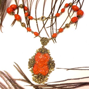 Beautiful Art Nouveau Art Deco Molded Orange Coral Art Czech Glass Necklace Art Nouveau Jewelry image 2