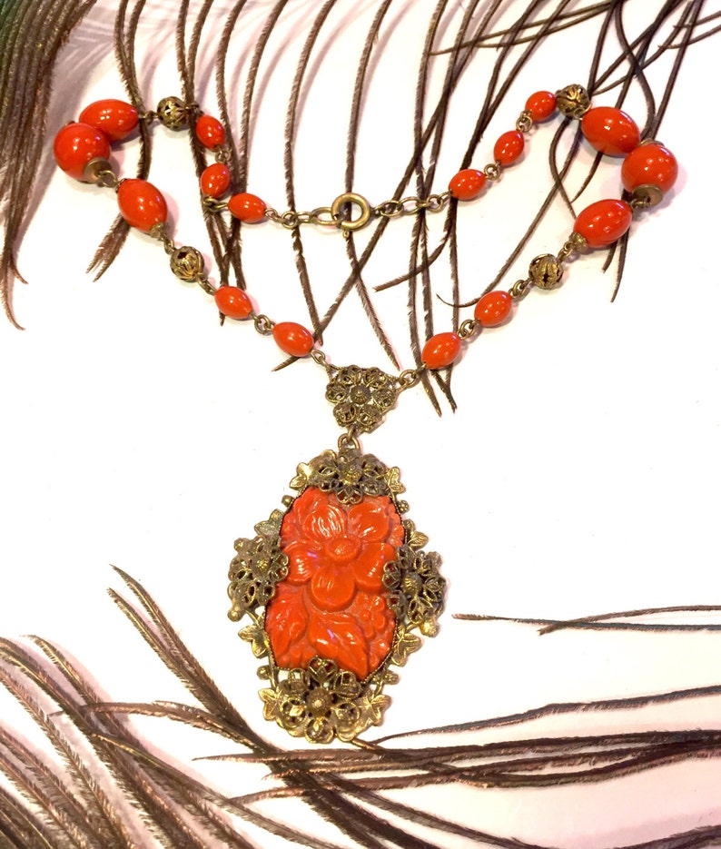 Beautiful Art Nouveau Art Deco Molded Orange Coral Art Czech Glass Necklace Art Nouveau Jewelry image 2