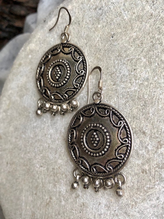 Sterling Silver Tribal Disk Medallion Vintage Ear… - image 5