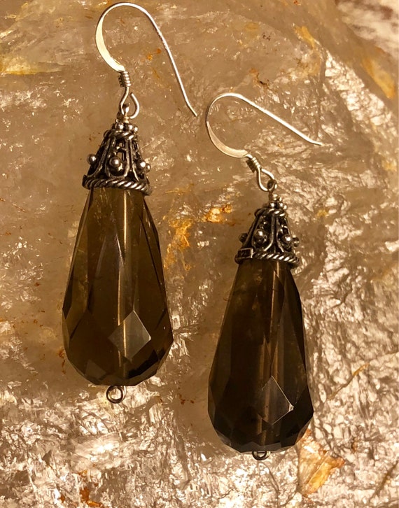Sterling Silver Faceted Smokey Quartz Vintage Earr