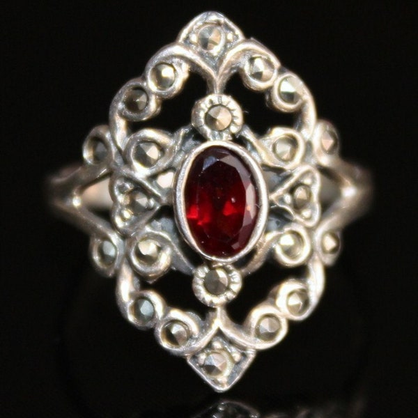 Schöne Kunst Nouveau Granat Markasit Sterling Silber Vintage Ring