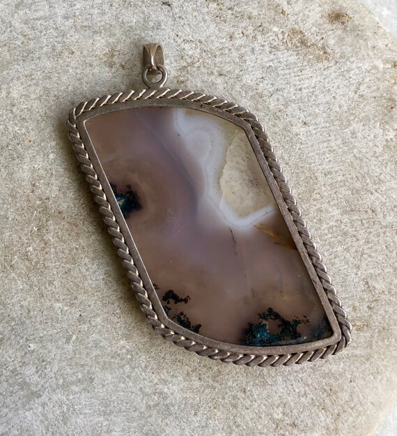 Bold Beautiful Sterling Silver Agate Vintage Pend… - image 4