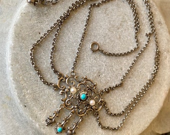 Collier Austro-hongrois Art nouveau, Début du XXe siècle, Argent 835, Perles et festons Turquoise