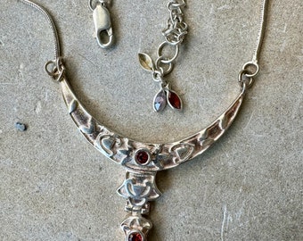 Sterling Silver Crescent Garnet Multi GemStone Vintage Necklace