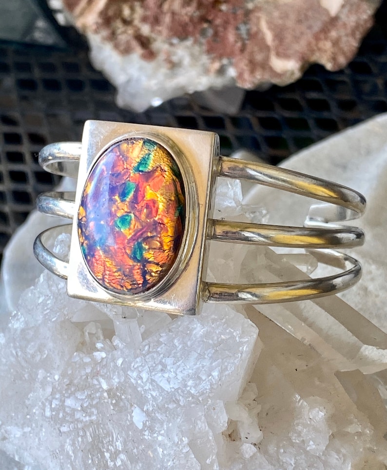 Mexican Sterling Silver Dragons Breath Opal Art Glass Vintage Cuff Bracelet