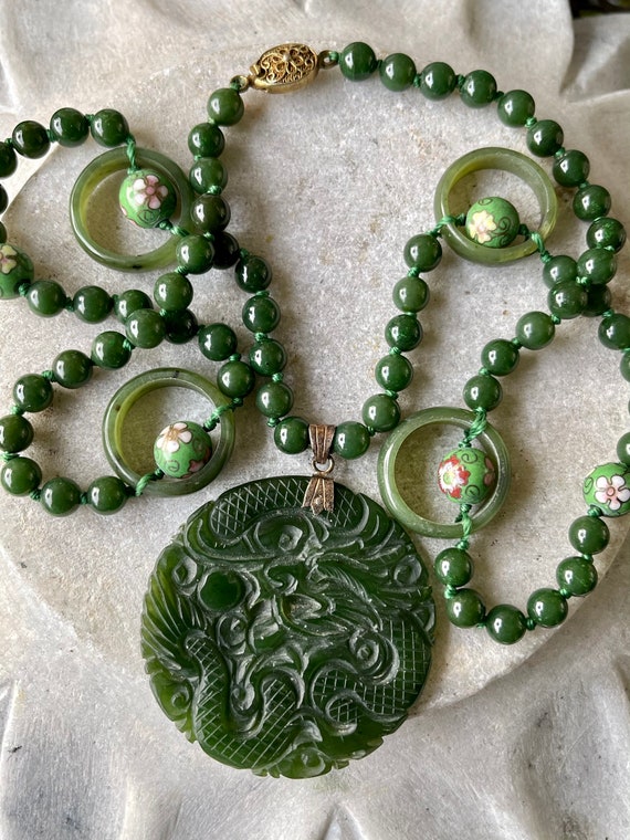 Stunning Carved Green Jade Dragon Cloisonne Long … - image 10