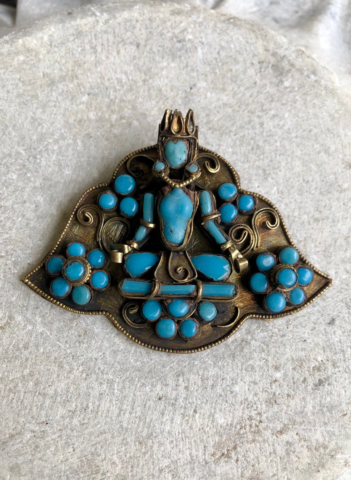 Beautiful Tibetan Asian Old Turquise Glass Buddha Brass
