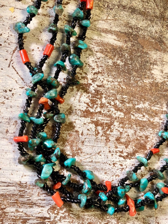 Native American Hand Cut Black Onyx Coral Turquoise Sterling