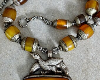 Vintage Tribal Tibetan Style Silver Double Sided Bird Pendant Necklace  Copal Amber Resin Beads Statement Necklace