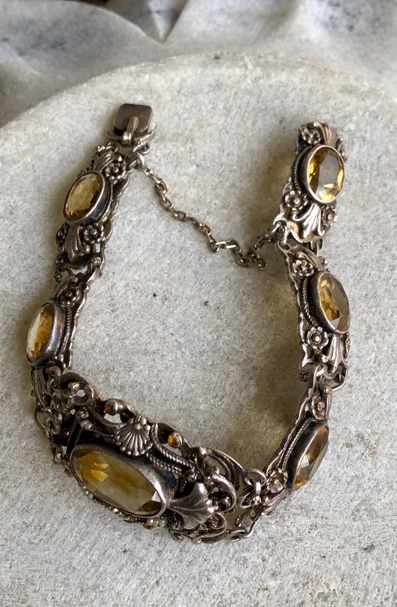 Bracelet Art Déco En Argent Sterling 935 Avec Citrine Facettée Jaune - Bijou Vintage Des Années 1930, Occasion