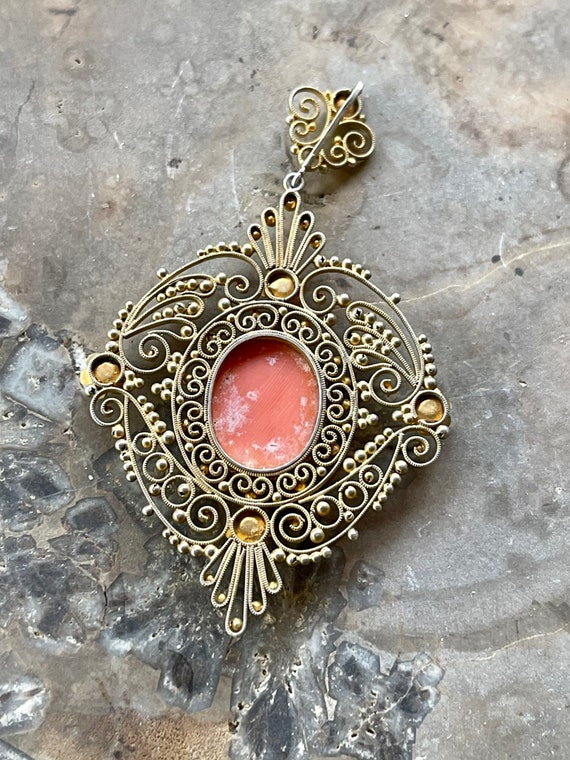 Beautiful Italian Gold Gilt Filigree Coral Vintag… - image 7