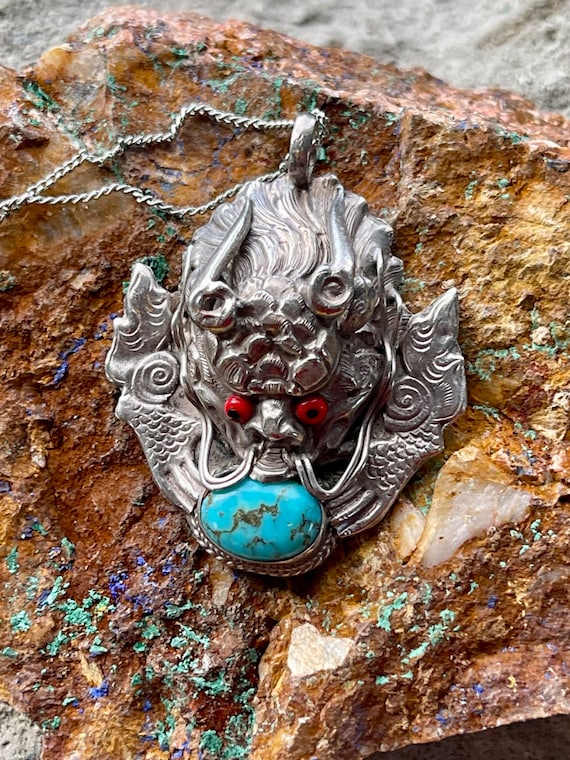 Sterling Silver Blue Turquoise Asian Dragon Vintag