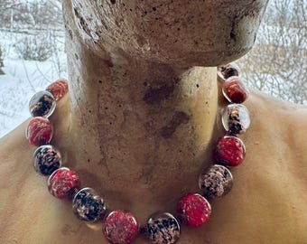 1940s Art Deco Murano Glass Necklace – Red Black Gold Fleck Italian Beaded Strand