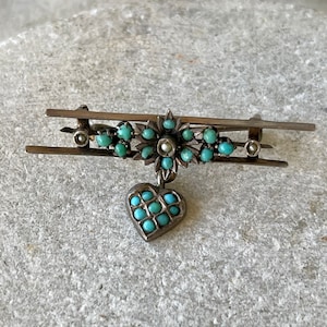 Austro Hungarian Victorian Persian Turquoise Pearl Sterling Silver Heart Antique Brooch