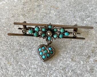 Austro Hungarian Victorian Persian Turquoise Pearl Sterling Silver Heart Antique Brooch