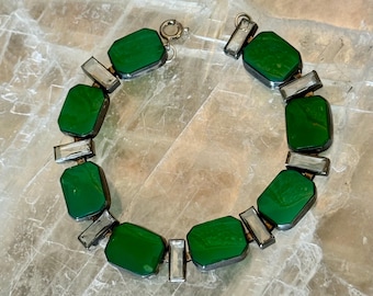 Antique Art Deco Sterling Silver Chrysoprase & Rock Crystal Bracelet | 1920s Open Back Gemstone Link Bracelet