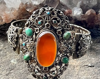 Antique Late 19th Century Austro-Hungarian Carnelian & Turquoise Sterling Silver Bracelet – Ornate Floral Scrollwork