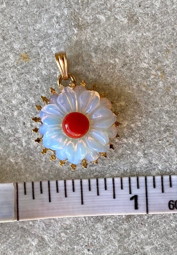 Elegant Carved Rainbow Opal Red Coral Flower Gold… - image 7