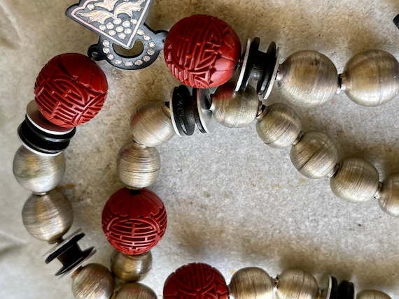 Unique Carved Red Cinnabar Sterling Silver Vintag… - image 4