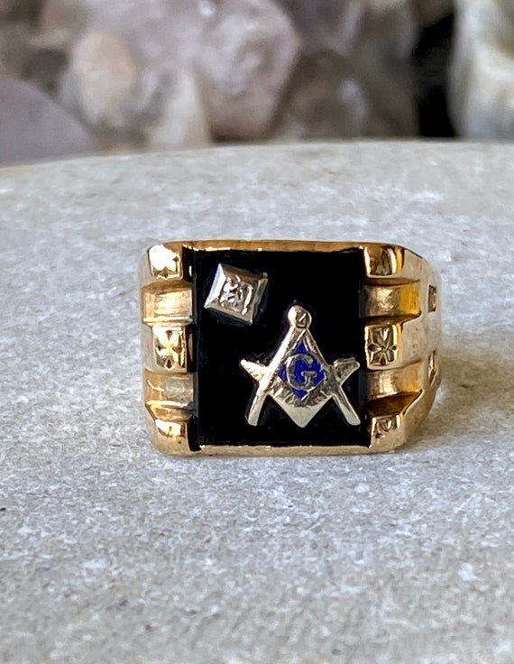 Art Deco Gold Onyx Diamond Masonic Antique Mans R… - image 7