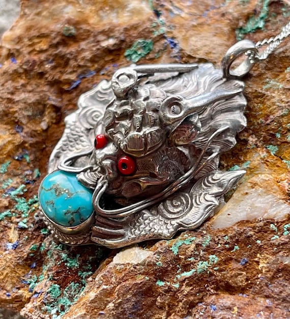 Sterling Silver Blue Turquoise Asian Dragon Vinta… - image 7