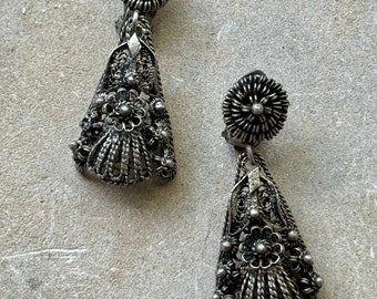 Sterling Silver Filigree Long Antique Clipon Earrings