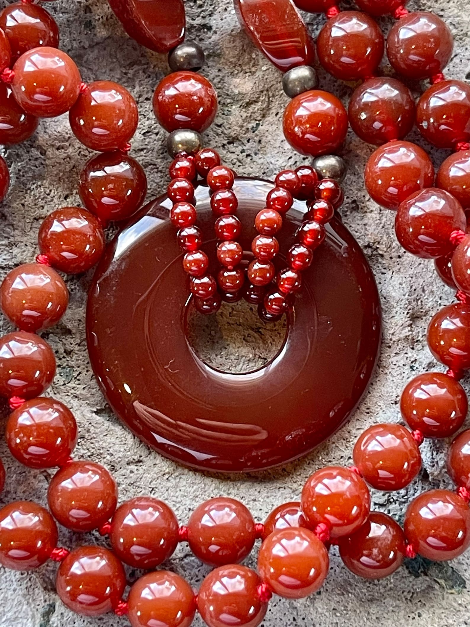 Carved Carnelian Gemstone Bi Disk Hand Knotted Long Vintage Beaded ...
