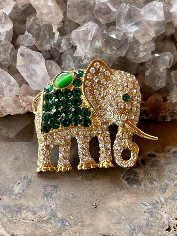 Beautiful Green Cats Eye Rhinestone Goldtone Vint… - image 6