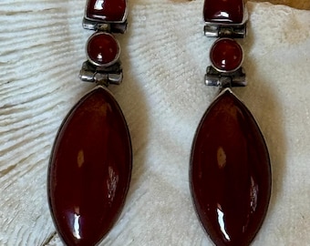 Vintage Sterling Silver Carnelian Dangle Earrings | 925 Artisan Statement Earrings | Red Cabochon Drop Earrings | ModernistArt Deco Jewelry