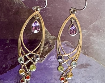 Vintage Sterling Silver Multi Gemstone Dangle Earrings Amethyst & Multi Stone Open Back Drop Earrings  Artisan 925 Jewelry