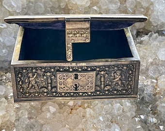 Beautiful 19th Century Cherub Embossed Brass silver  German Antique Jewelry Box