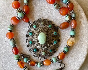 Beautiful old Chinese Silver Filigree Turquoise Carnelian Vintage Necklace