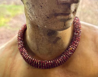 Beautiful Art Nouveau Art Deco Gold and Garnet Glass Woven Beaded Rope Antique Collar Necklace