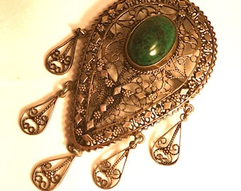 Beautiful Sterling Silver Filigree Green Elite stone Vintage Antique Brooch Pendant