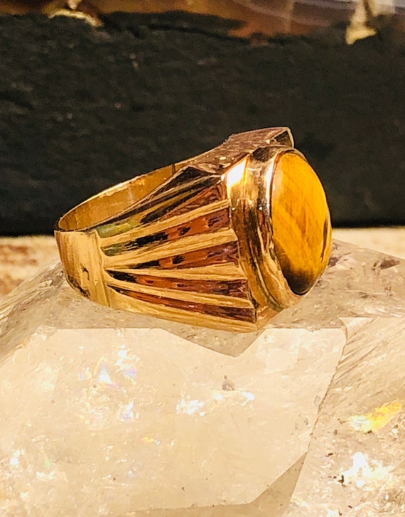 1920s Art Deco Tigers Eye 14kt Gold Vintage Ring … - image 3