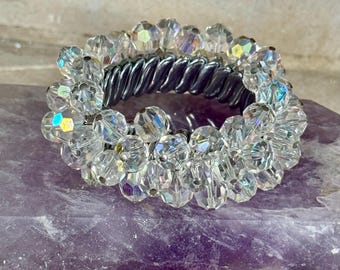 1950s Crystal Cha Cha Bracelet – Faceted Vintage Stretch Silver Tone Statement Jewelry