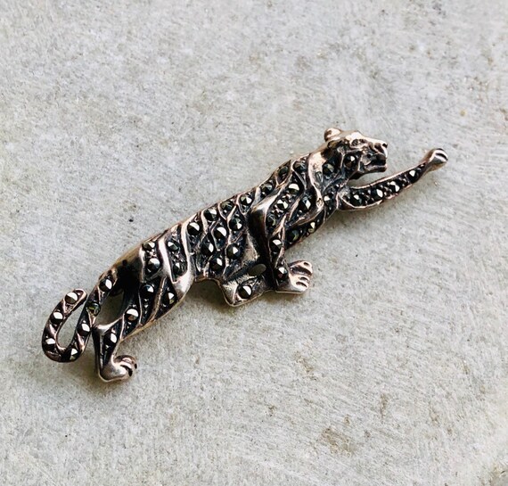 Sterling Silver Marcasite Tiger Panther Vintage Br