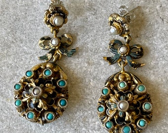 Beautfiul Austro Hungarian Persian Turquoise Pearl Gilt Silver Flower Antique Earrings