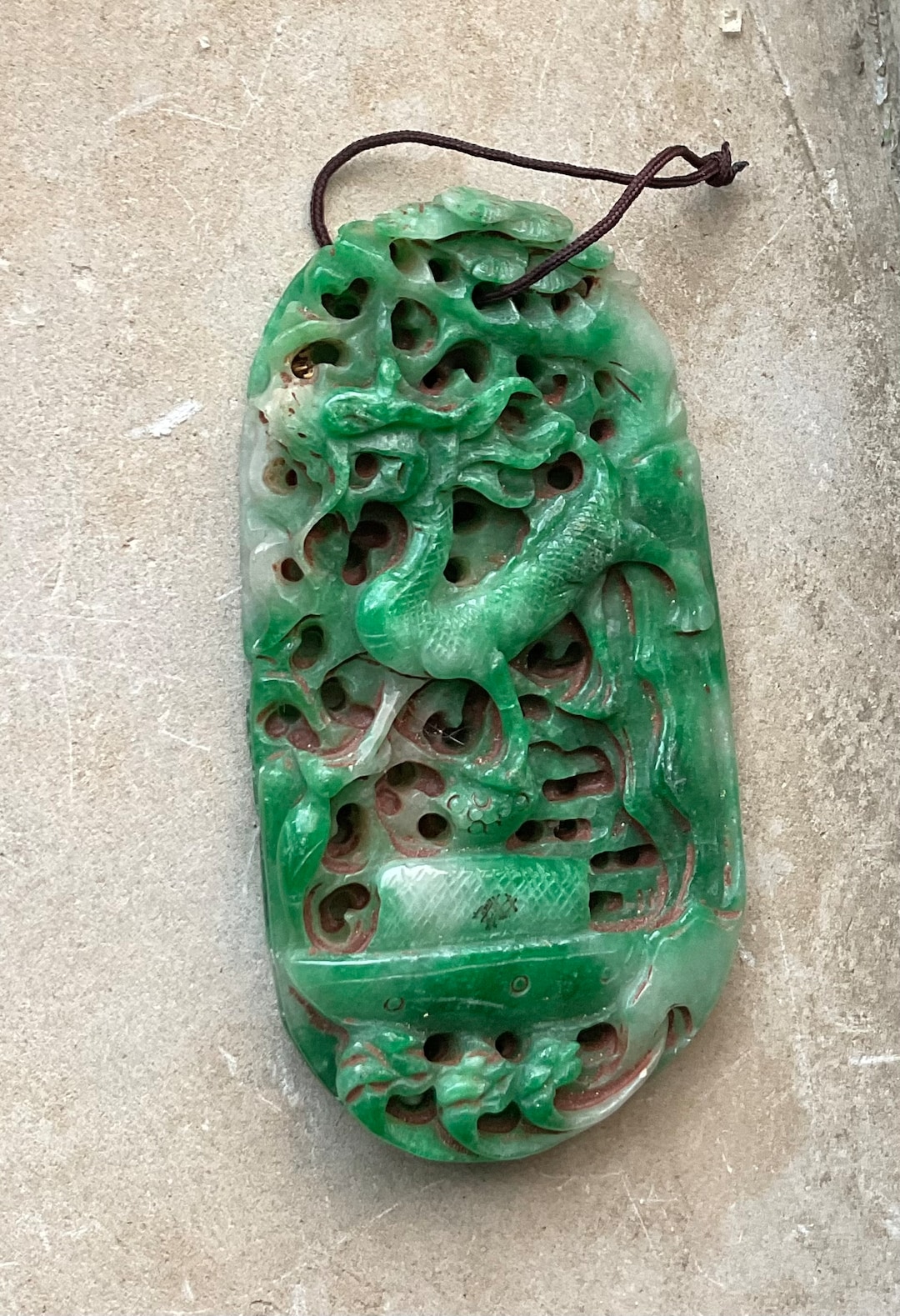 Carved Jade Chinese Dragon Vintage Medallion Vintage Necklace Pendant