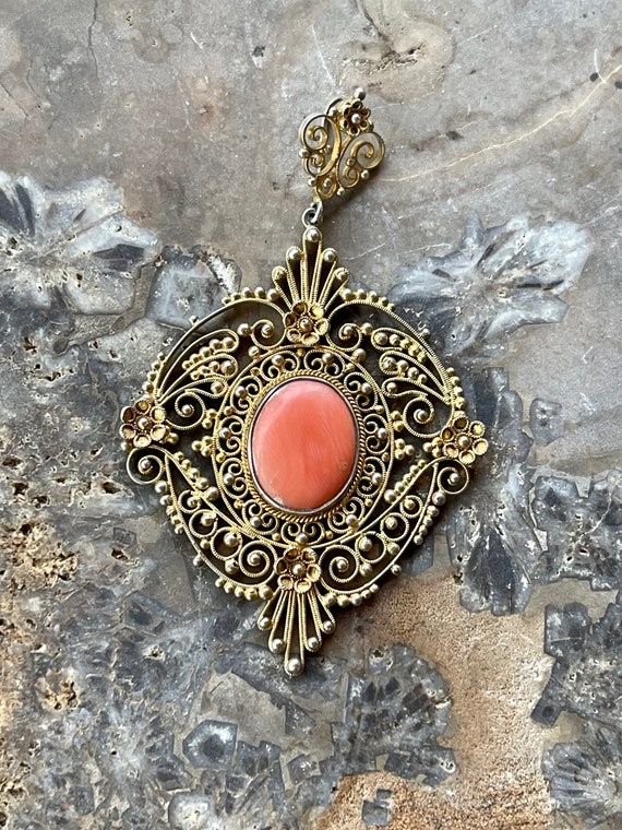 Beautiful Italian Gold Gilt Filigree Coral Vintag… - image 1