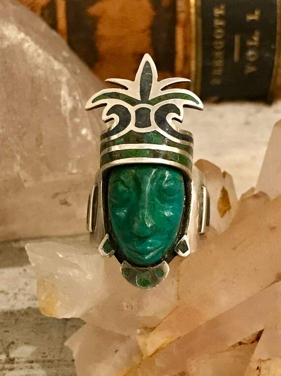 Vintage Mexican Aztec Warrior Carved Green Onyx Face Sterling | Etsy