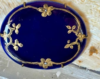 Antique Pre-1930 European Cobalt Blue Porcelain Brooch | Hand Painted Gold Floral Pin | Victorian Art Nouveau Era | Oval Porcelain Jewelry