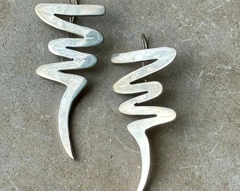 Modernist Mexican Sterling Silver Lighting Vintage Long Earrings