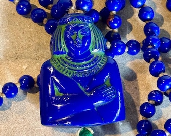 Authentic Art Deco 1920s Egyptian Revival Hand Knotted Czech Blue Art Glass Green Accent Pharaoh Antique Long Flapper Necklace