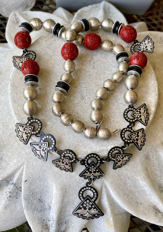 Unique Carved Red Cinnabar Sterling Silver Vintag… - image 1