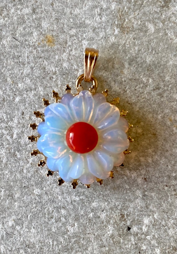 Elegant Carved Rainbow Opal Red Coral Flower Gold… - image 4
