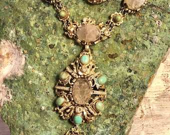 Collier de perles de rocaille austro-hongrois antique du XIXe siècle en quartz rose et en argent sterling doré turquoise